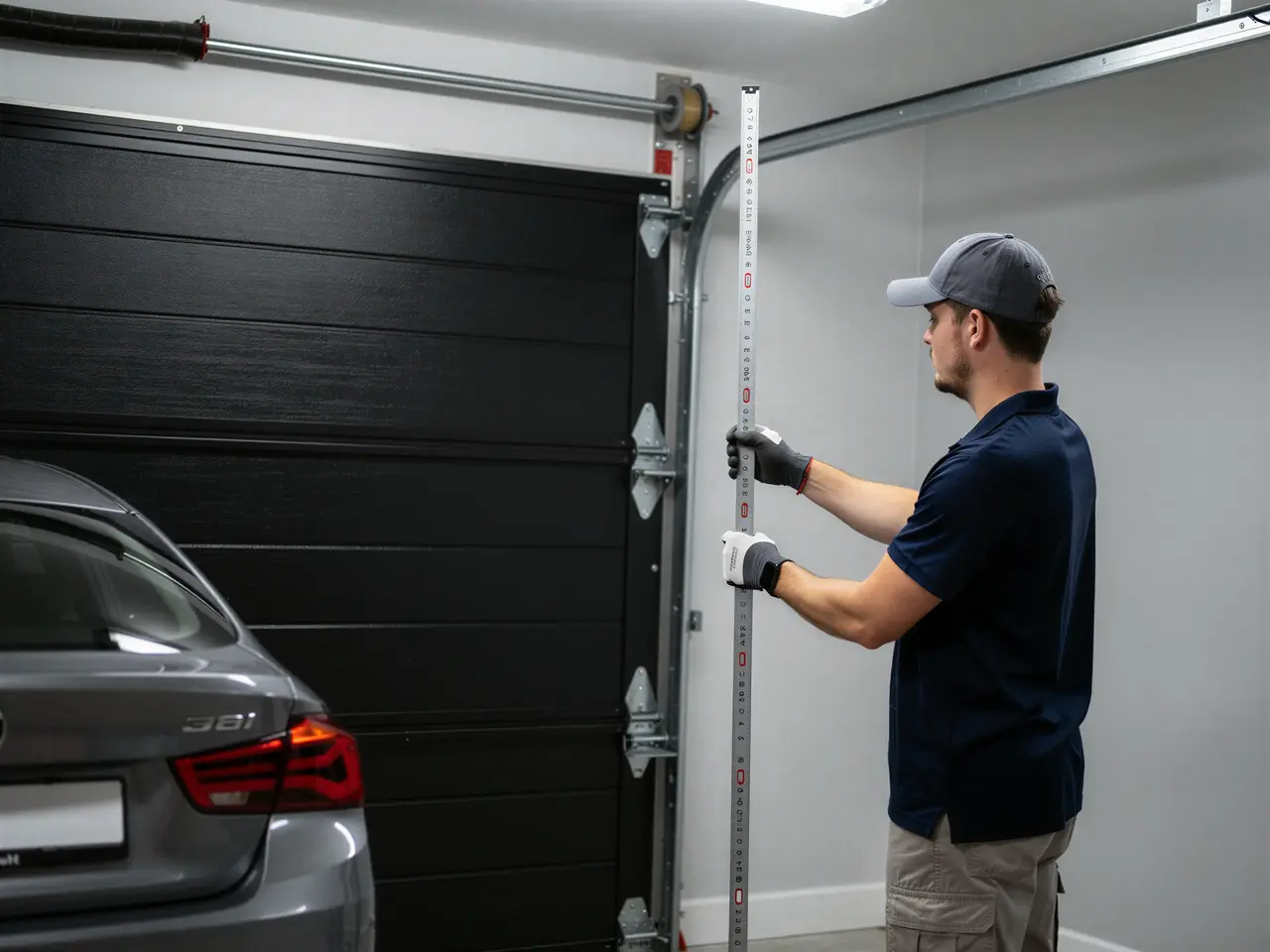 A technician in a cap and gloves measures a black garage door with a level.
