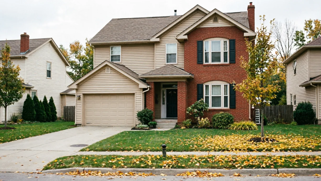 A two-story house with a beige garage door and red brick siding.