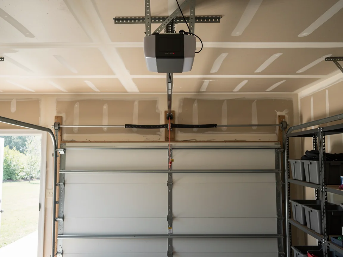 The garage door is closed, with an opener and torsion spring visible.