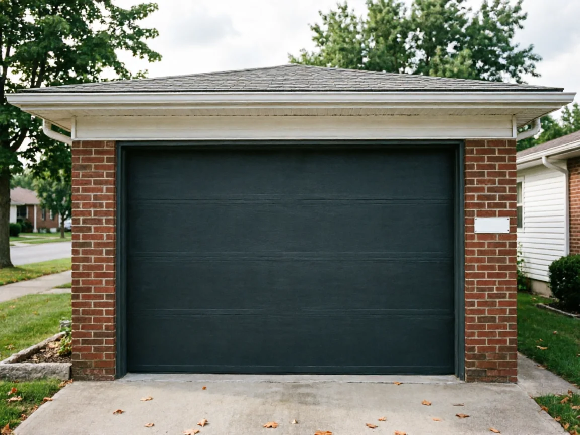 A dark gray garage door is set in a brick garage.