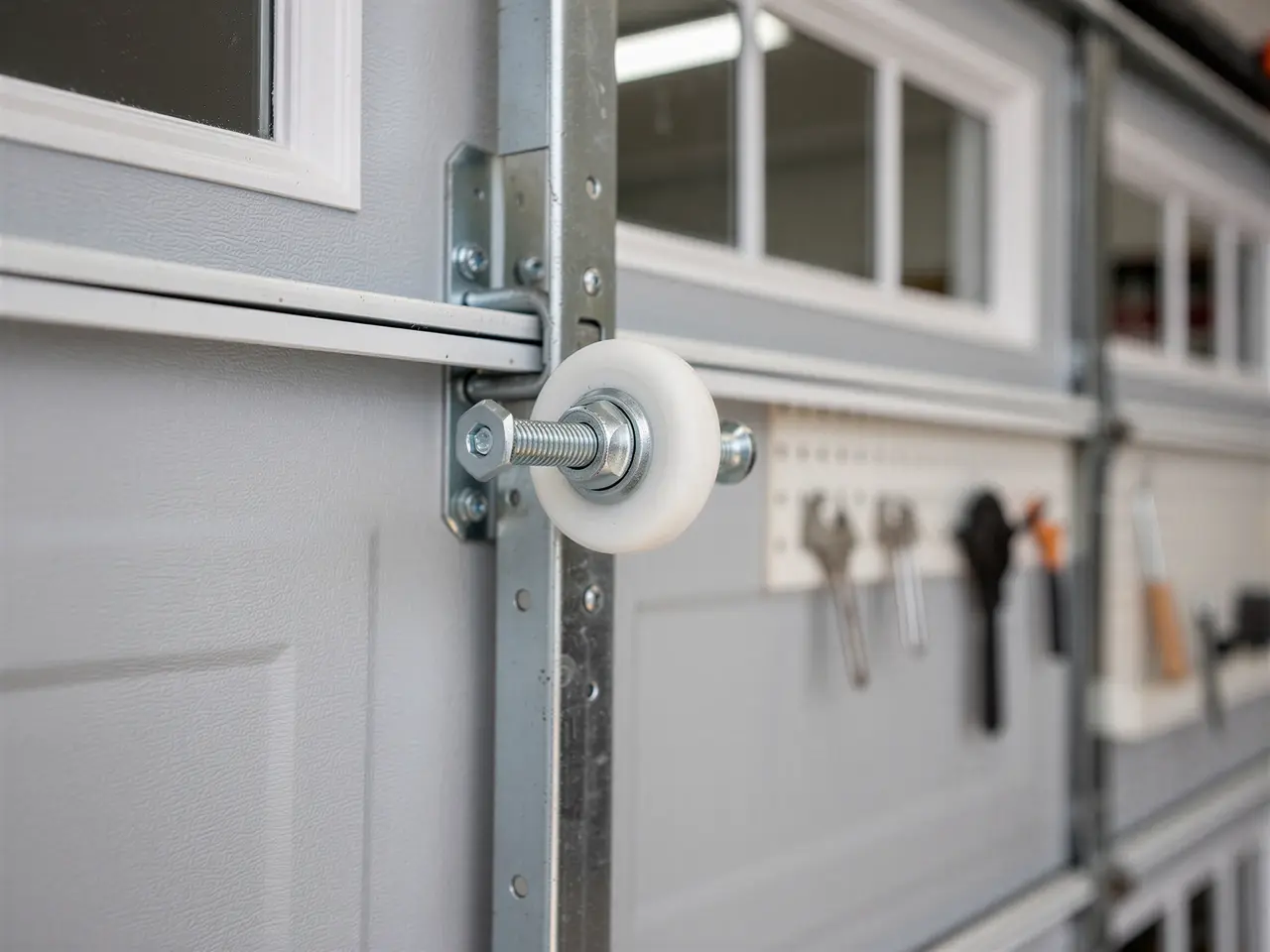 A white garage door roller is attached to a gray garage door.